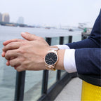 MEGIR 2164 men's dress watch on the wrist, rose-gold case with black dial and rose-gold bracelet