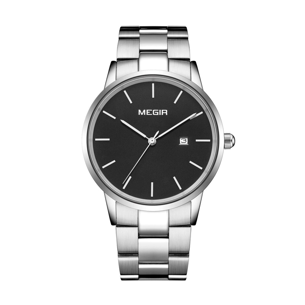 MEGIR 2164 men's dress watch, silver case with black dial and stainless steel bracelet, front view