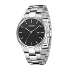 MEGIR 2164 men's dress watch, silver case with black dial and stainless steel bracelet, three-quarter view