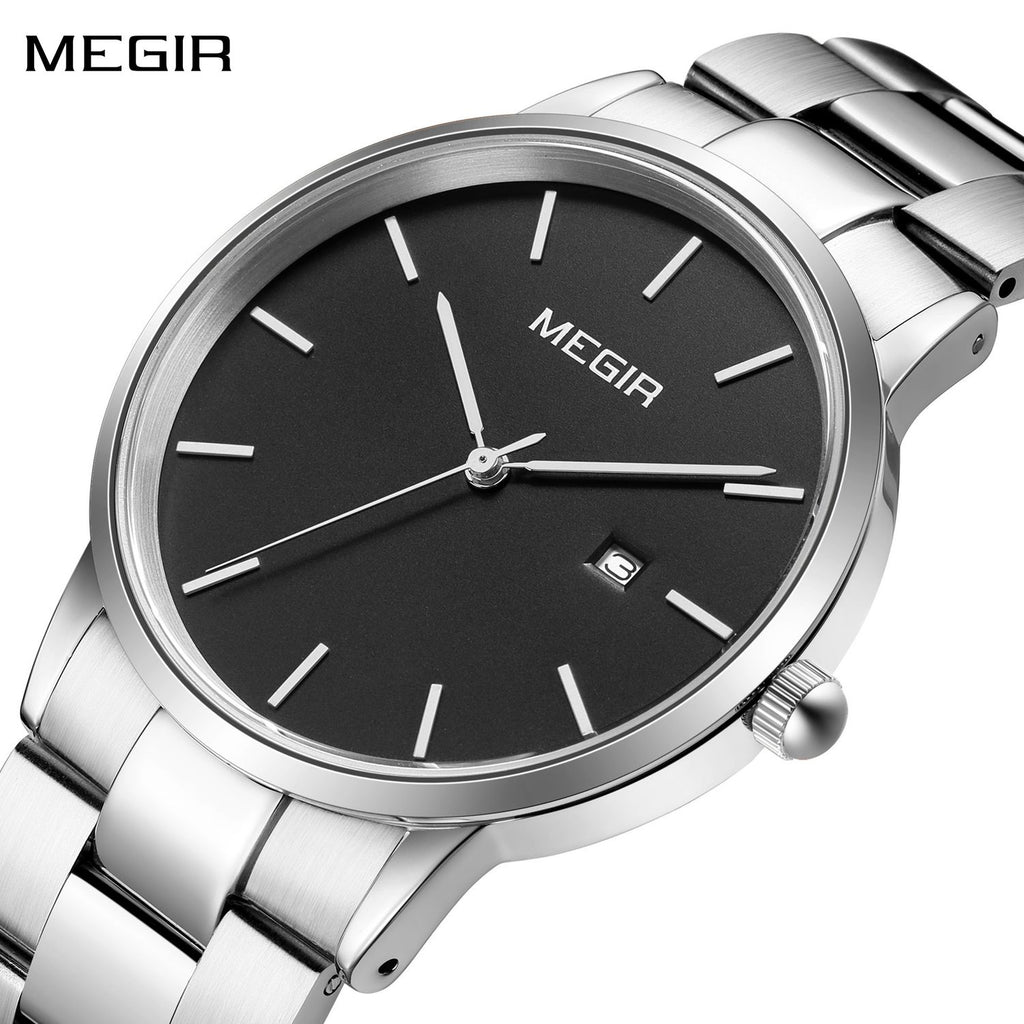 MEGIR 2164 men's dress watch, silver case with black dial and stainless steel bracelet, angled view