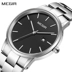 MEGIR 2164 men's dress watch, silver case with black dial and stainless steel bracelet, angled view