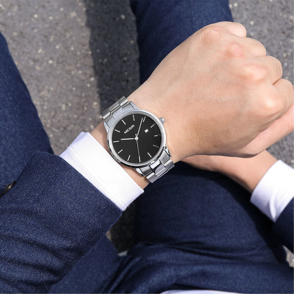 MEGIR 2164 men's dress watch on the wrist, silver case with black dial and stainless steel bracelet