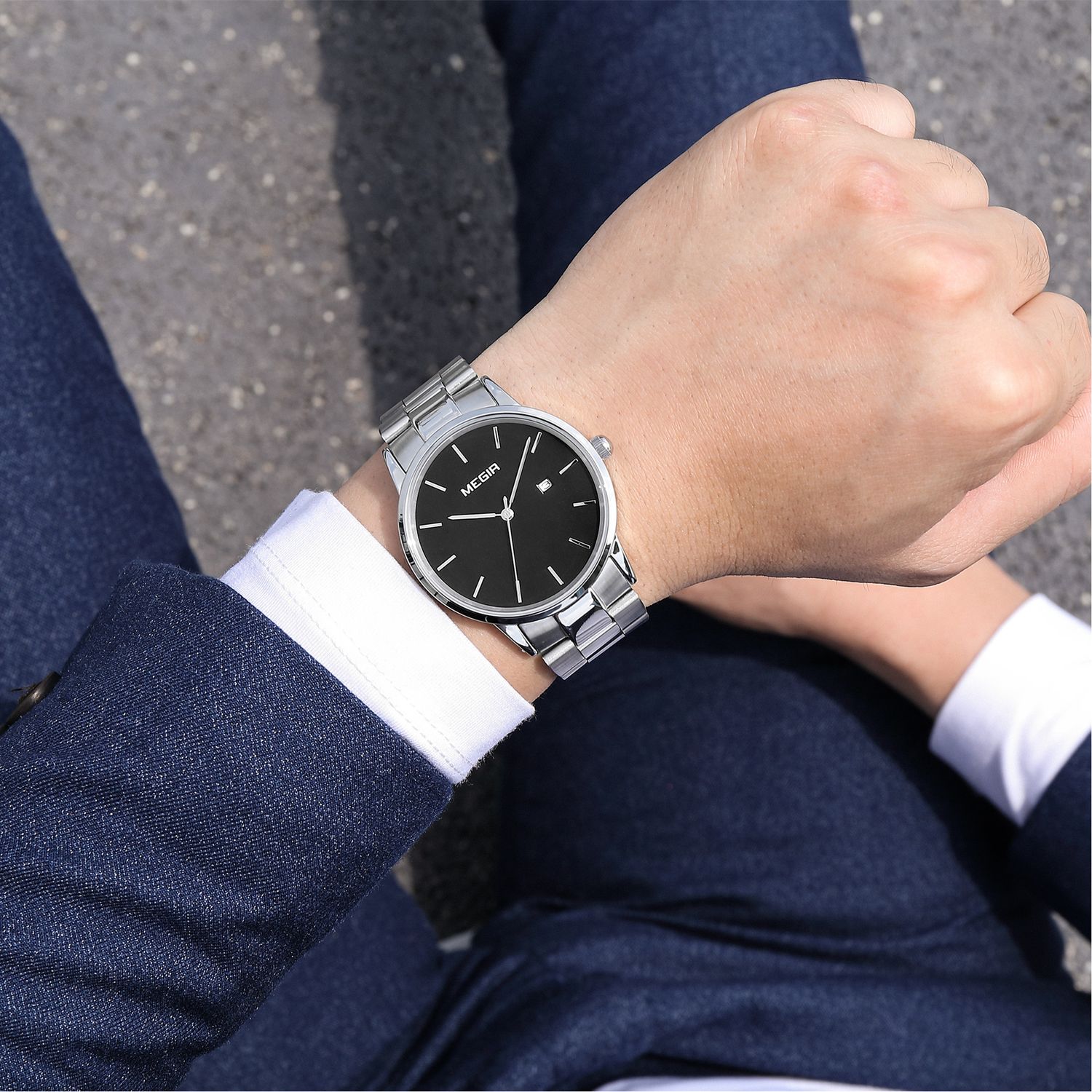 MEGIR 2164 men's dress watch on the wrist, silver case with black dial and stainless steel bracelet
