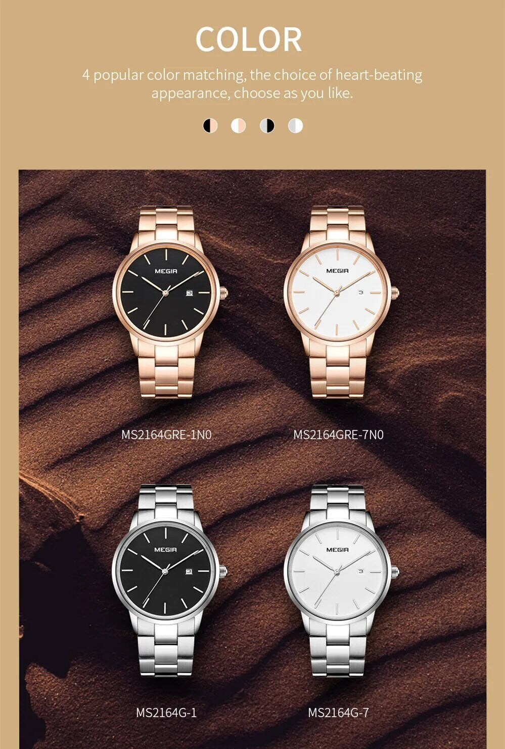 MEGIR 2164 men's dress watch color display showing black and white dials in silver and rose-gold cases