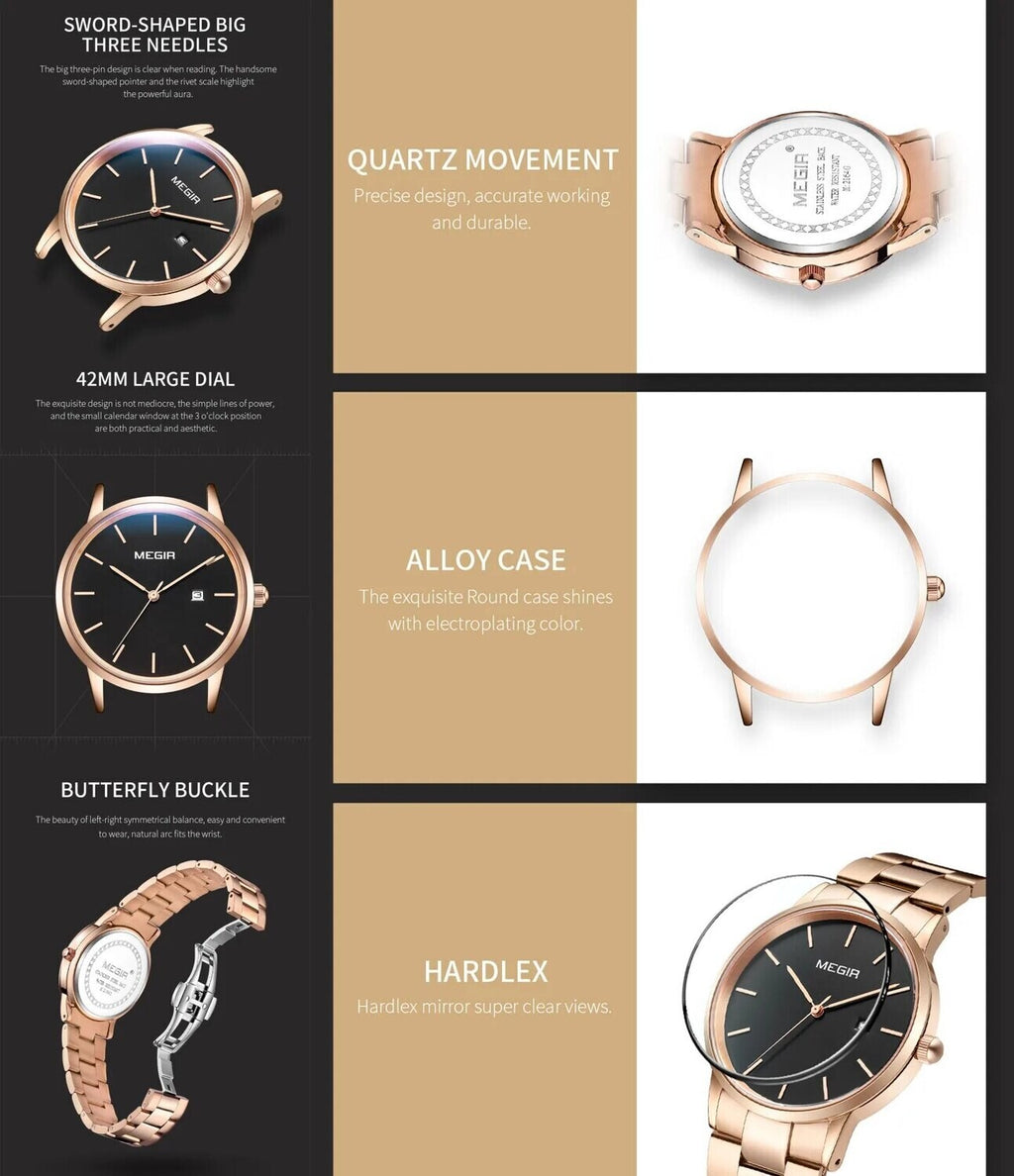 MEGIR 2164 men's dress watch feature graphic showing the sword hands, case, dial and clasp