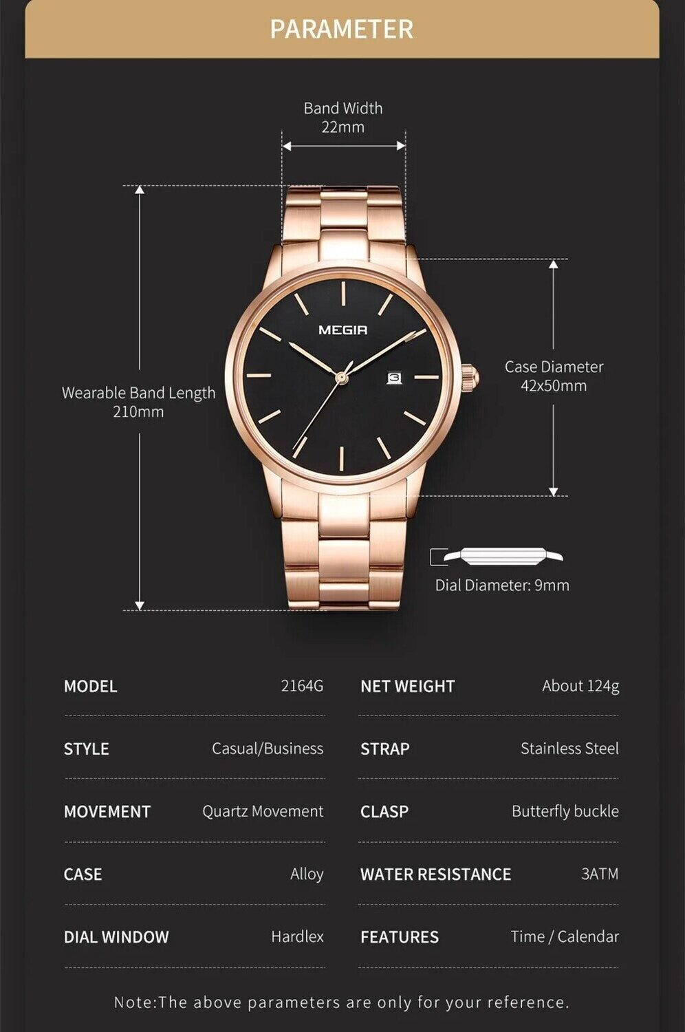 MEGIR 2164 men's dress watch parameters graphic with case diameter, band width and length
