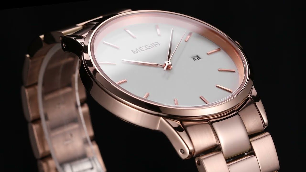 MEGIR 2164 men's dress watch, rose-gold case with white dial and rose-gold bracelet, studio view