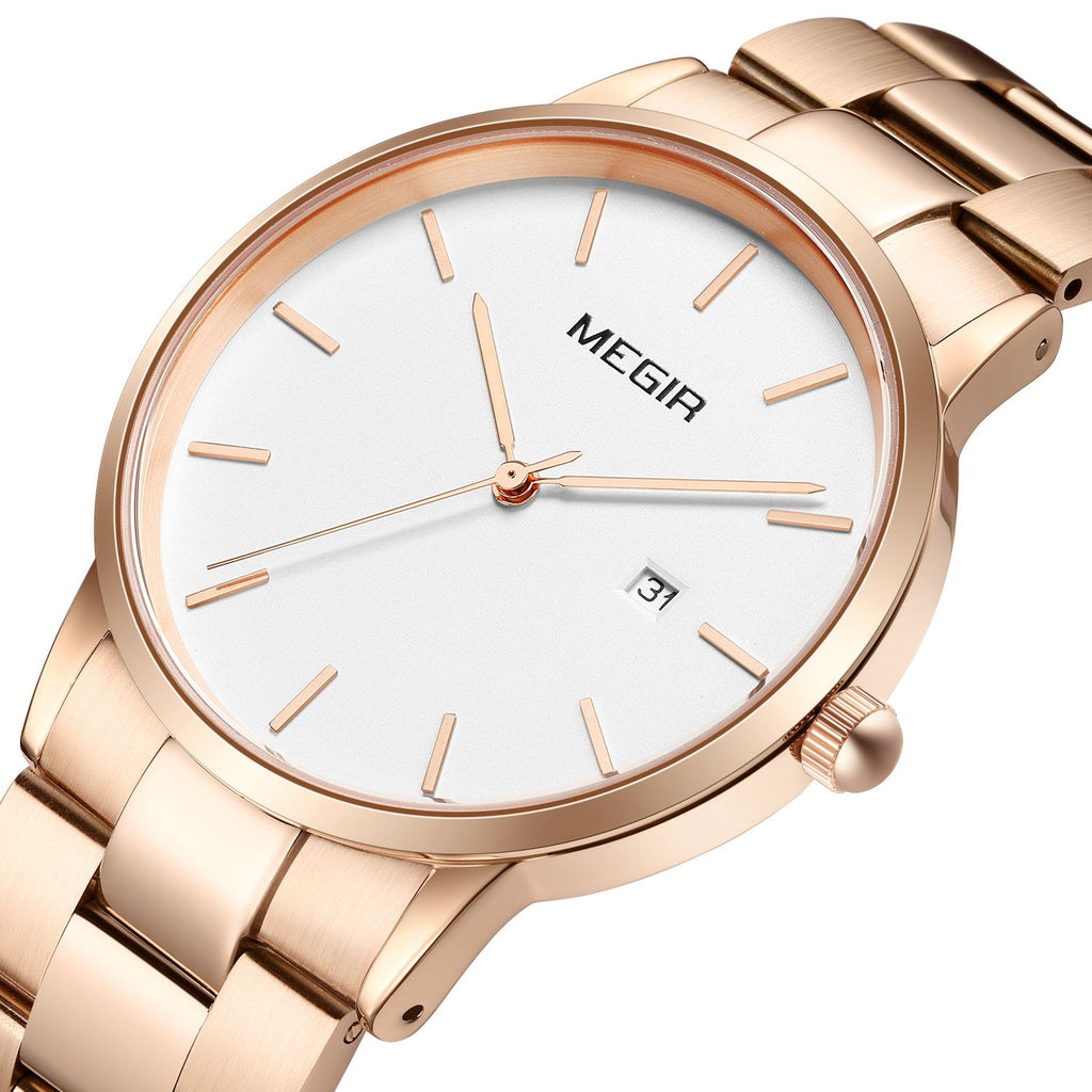MEGIR 2164 men's dress watch, rose-gold case with white dial and rose-gold bracelet, three-quarter view