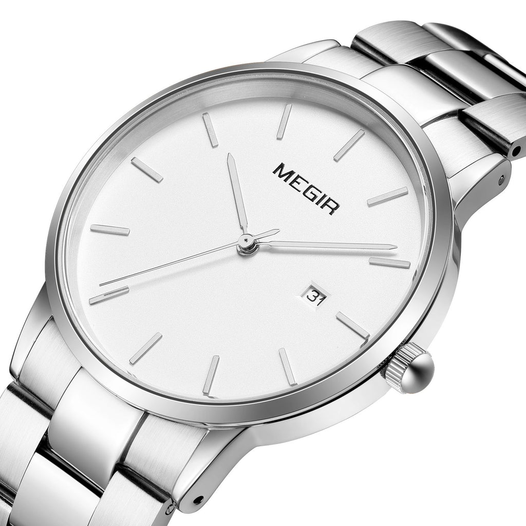 MEGIR 2164 men's dress watch, silver case with white dial and stainless steel bracelet, three-quarter view