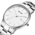 MEGIR 2164 men's dress watch, silver case with white dial and stainless steel bracelet, three-quarter view