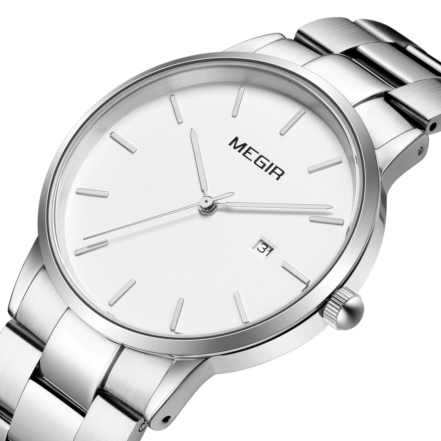 MEGIR 2164 men's dress watch, silver case with white dial and stainless steel bracelet, three-quarter view
