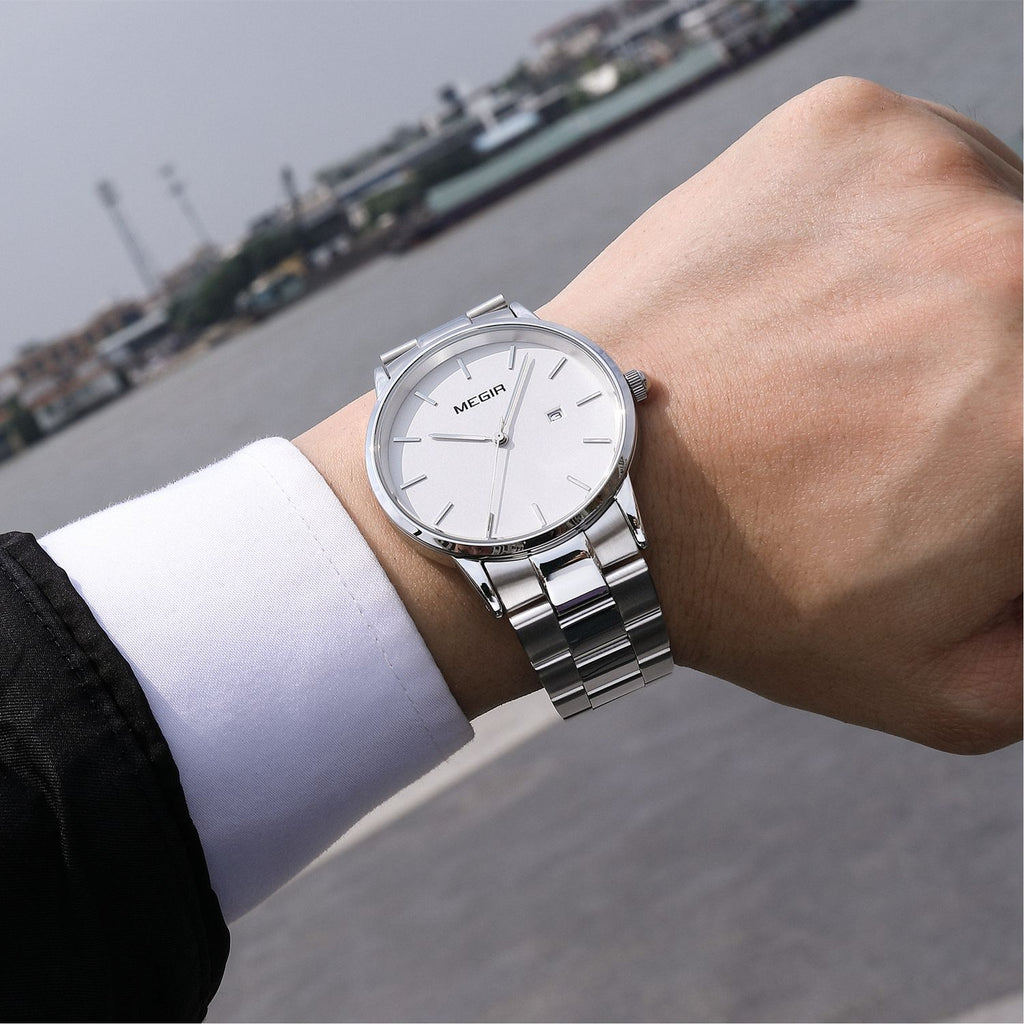 MEGIR 2164 men's dress watch on the wrist, silver case with white dial and stainless steel bracelet