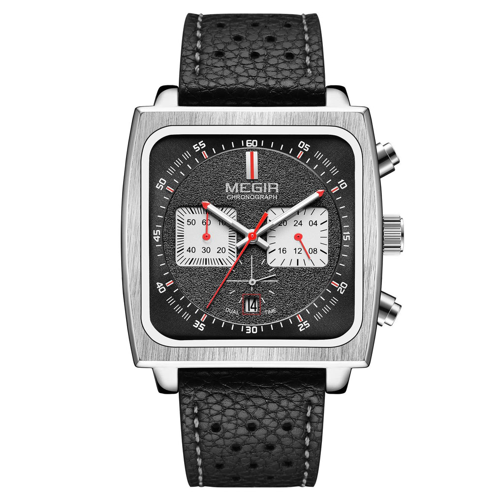 MEGIR 2182 men's chronograph watch, silver square case with black dial and black leather strap, front view