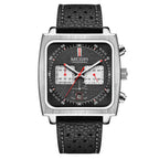 MEGIR 2182 men's chronograph watch, silver square case with black dial and black leather strap, front view