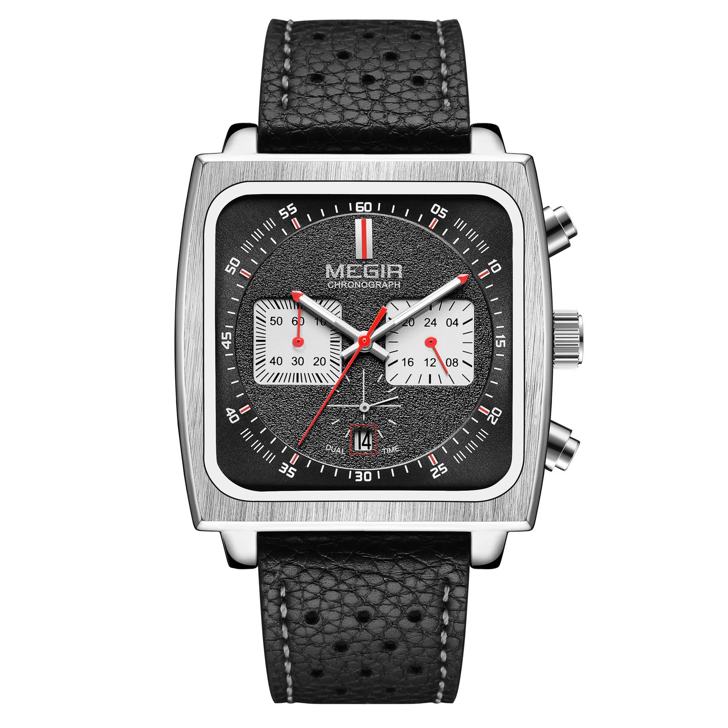 MEGIR 2182 men's chronograph watch, silver square case with black dial and black leather strap, front view