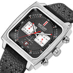 MEGIR 2182 men's chronograph watch, silver square case with black dial and black leather strap, close-up angled view