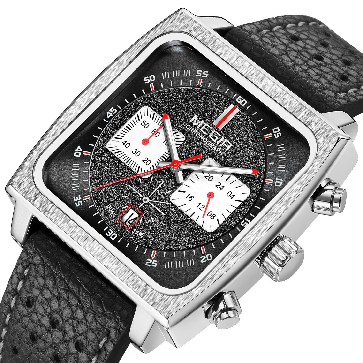 MEGIR 2182 men's chronograph watch, silver square case with black dial and black leather strap, close-up angled view