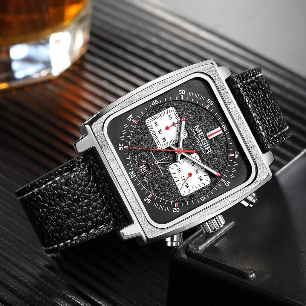 MEGIR 2182 men's chronograph watch, silver square case with black dial and black leather strap, angled view