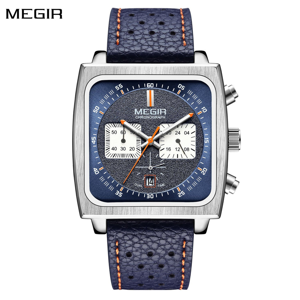 MEGIR 2182 men's chronograph watch, silver square case with blue dial and blue leather strap, front view