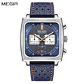 MEGIR 2182 men's chronograph watch, silver square case with blue dial and blue leather strap, front view