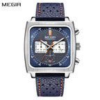 MEGIR 2182 men's chronograph watch, silver square case with blue dial and blue leather strap, front view