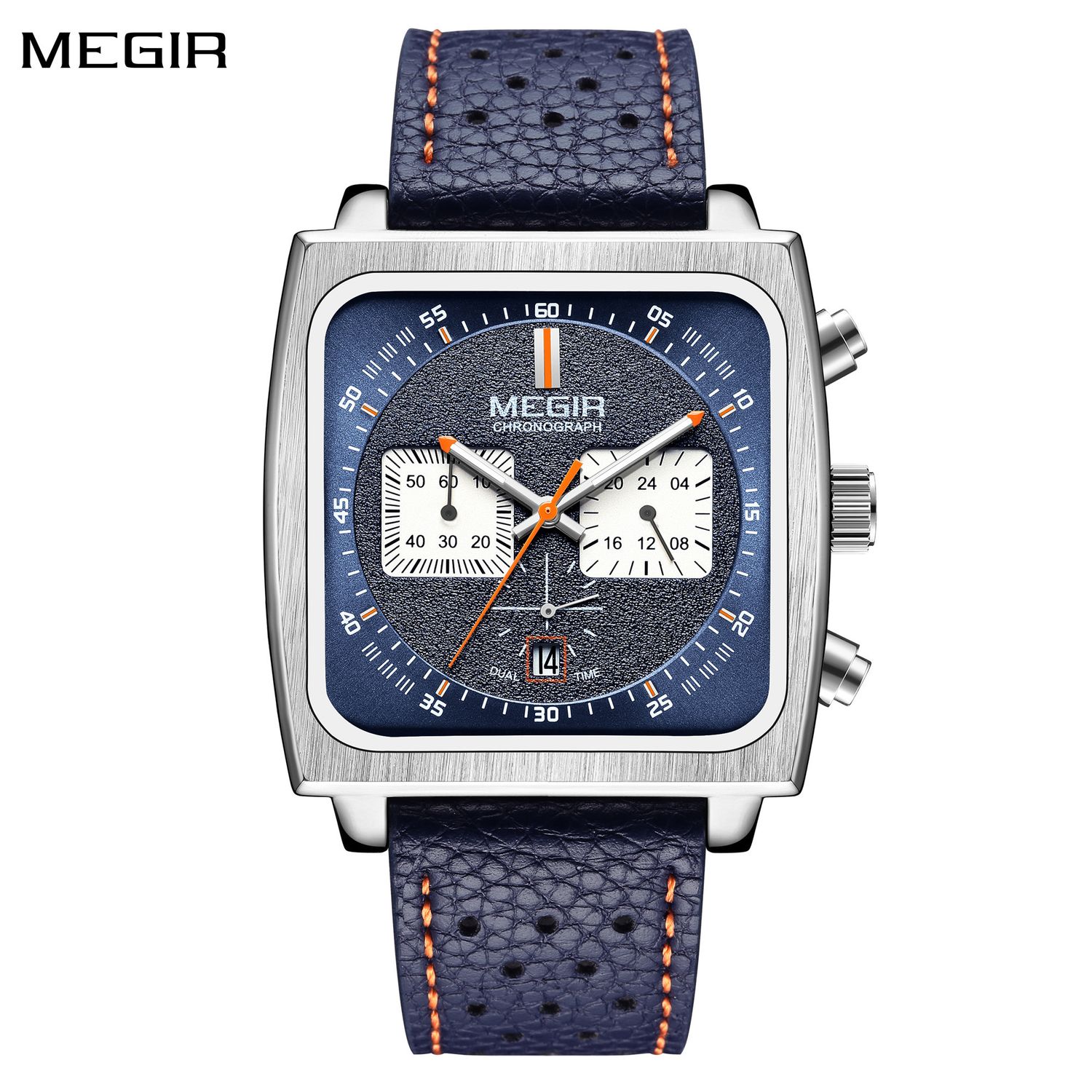 MEGIR 2182 men's chronograph watch, silver square case with blue dial and blue leather strap, front view