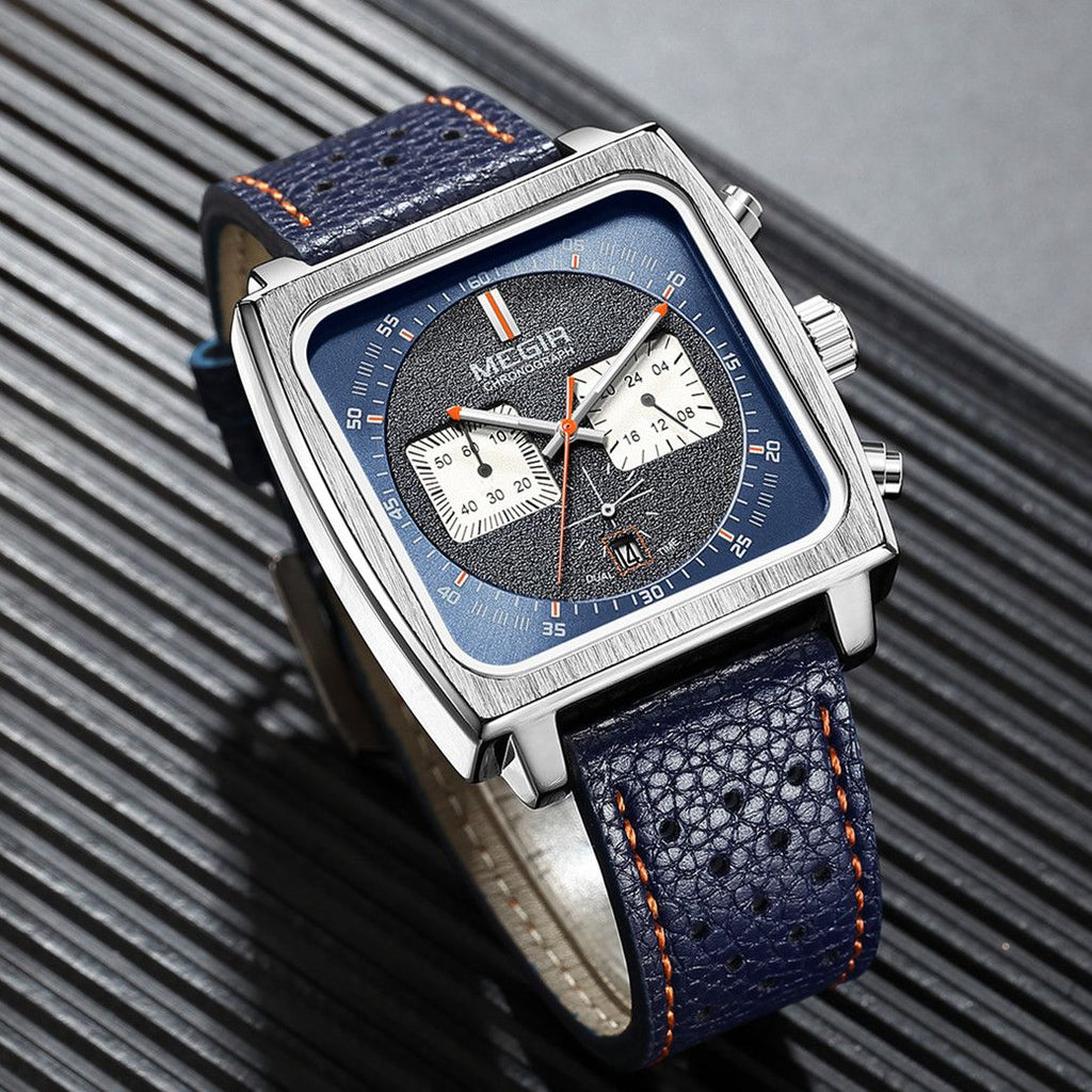 MEGIR 2182 men's chronograph watch, silver square case with blue dial and blue leather strap, three-quarter view