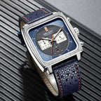 MEGIR 2182 men's chronograph watch, silver square case with blue dial and blue leather strap, three-quarter view