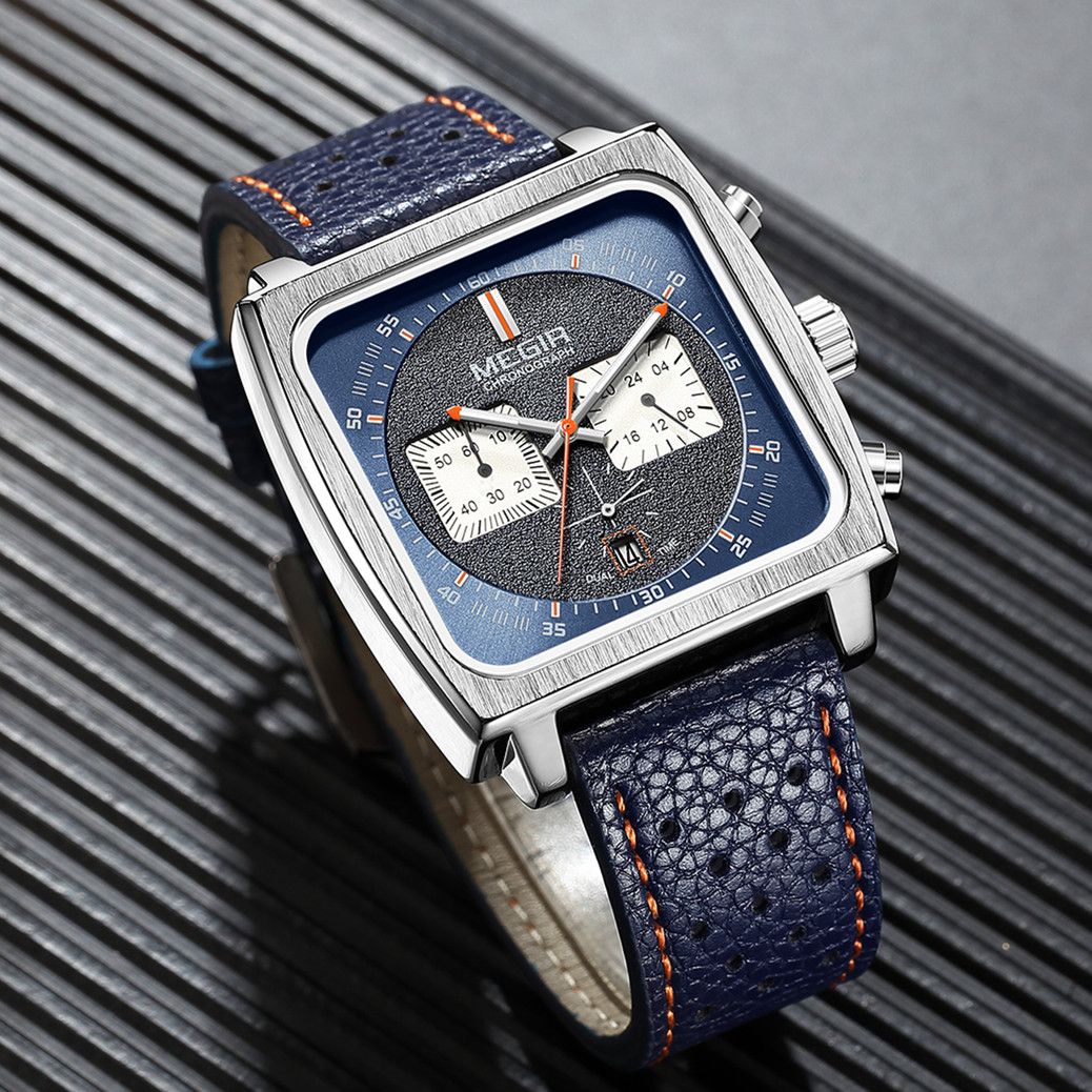 MEGIR 2182 men's chronograph watch, silver square case with blue dial and blue leather strap, three-quarter view