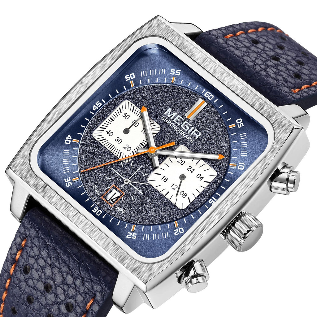 MEGIR 2182 men's chronograph watch, silver square case with blue dial and blue leather strap, close-up angled view