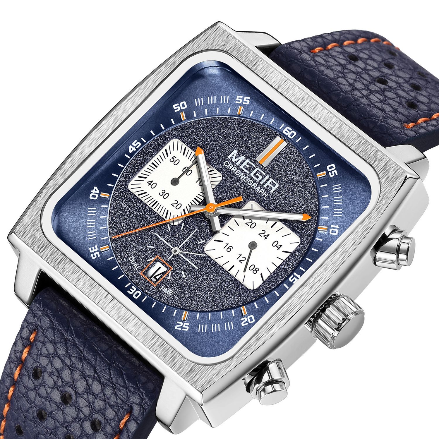 MEGIR 2182 men's chronograph watch, silver square case with blue dial and blue leather strap, close-up angled view