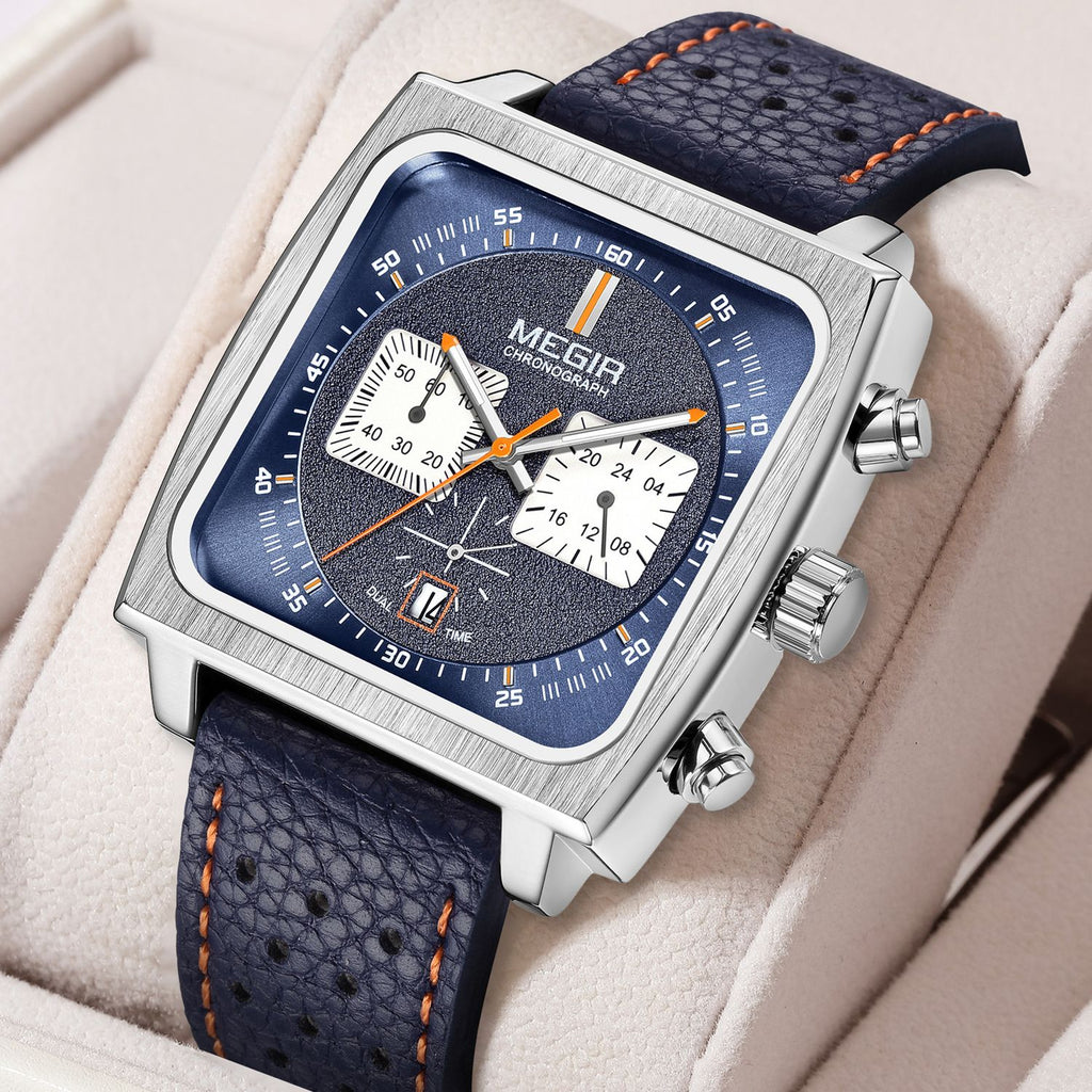 MEGIR 2182 men's chronograph watch, silver square case with blue dial and blue leather strap, angled view