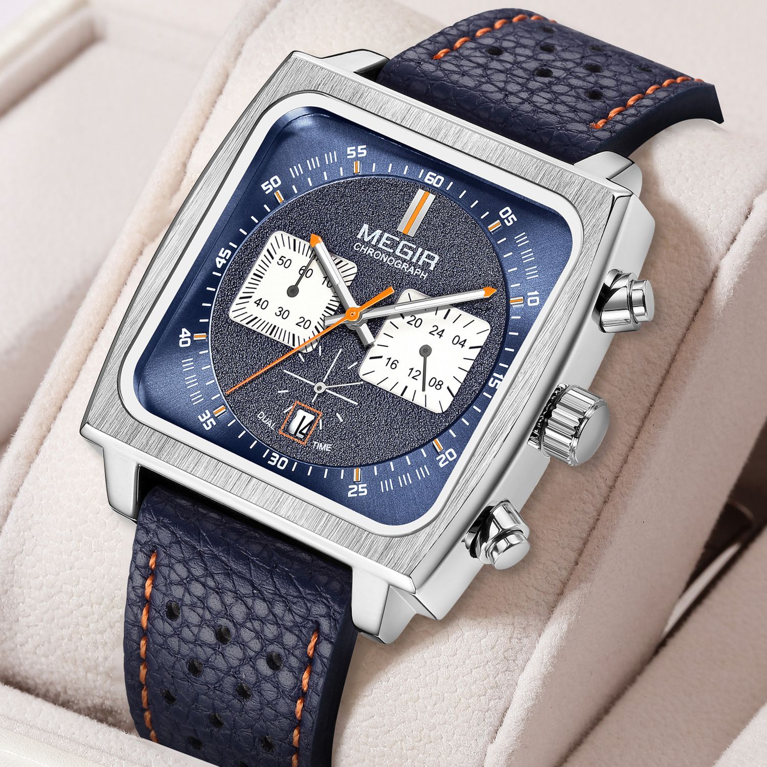 MEGIR 2182 men's chronograph watch, silver square case with blue dial and blue leather strap, angled view