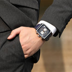 MEGIR 2182 men's chronograph watch on the wrist, silver square case with blue dial and blue leather strap
