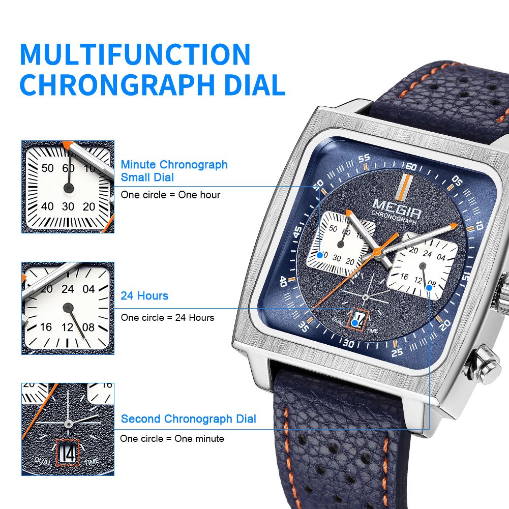 MEGIR 2182 men's chronograph watch feature graphic explaining the minute, 24-hour and second sub-dials