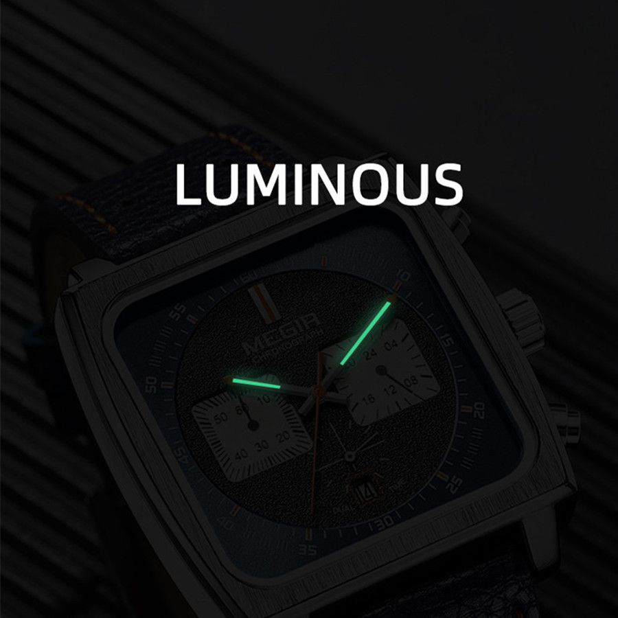 MEGIR 2182 men's chronograph watch feature graphic showing luminous hands glowing in the dark
