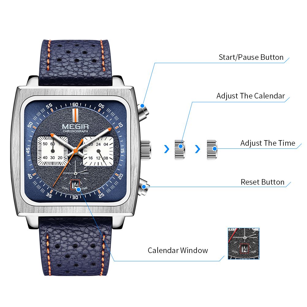 MEGIR 2182 men's chronograph watch operation graphic showing the start, calendar and reset buttons