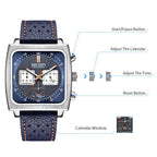 MEGIR 2182 men's chronograph watch operation graphic showing the start, calendar and reset buttons