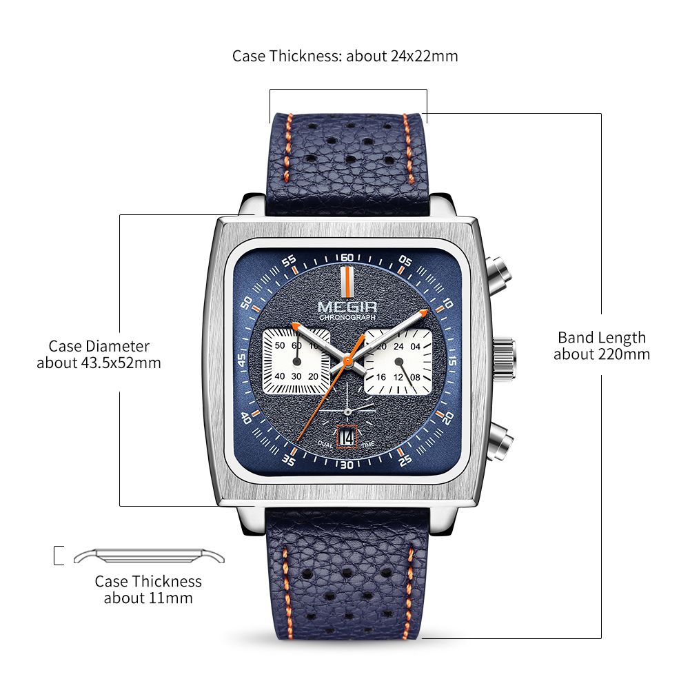 MEGIR 2182 men's chronograph watch parameters graphic with case size, band length and thickness