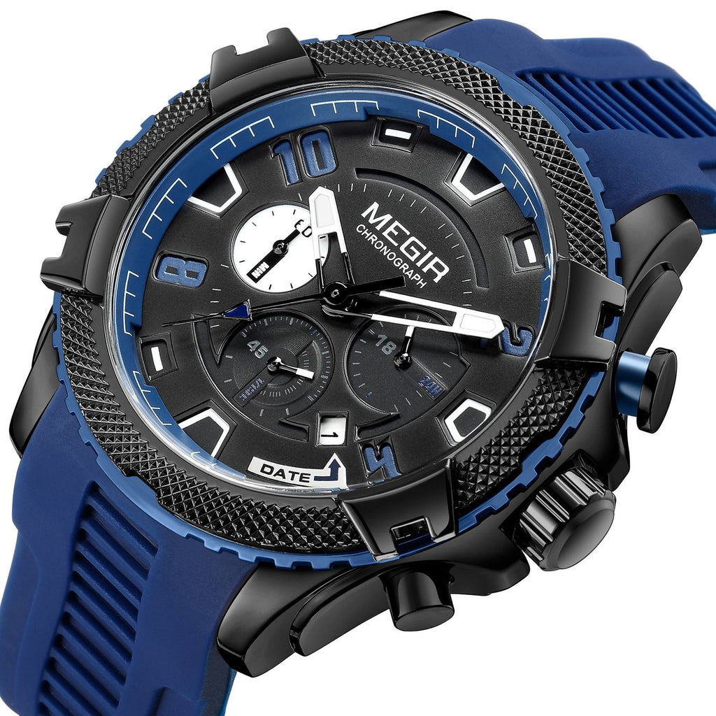 MEGIR 2200 men's chronograph watch, black case with blue accents, black dial and blue silicone strap, angled view