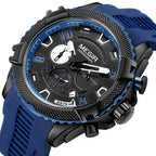 MEGIR 2200 men's chronograph watch, black case with blue accents, black dial and blue silicone strap, angled view