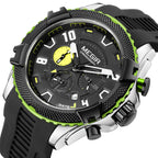 MEGIR 2200 men's chronograph watch, silver case with green bezel, black dial and black silicone strap, angled view