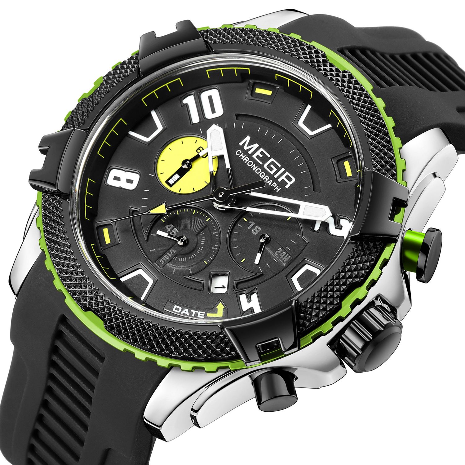 MEGIR 2200 men's chronograph watch, silver case with green bezel, black dial and black silicone strap, angled view