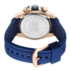 MEGIR 2200 men's chronograph watch caseback with engravings, blue silicone strap and rose-gold buckle