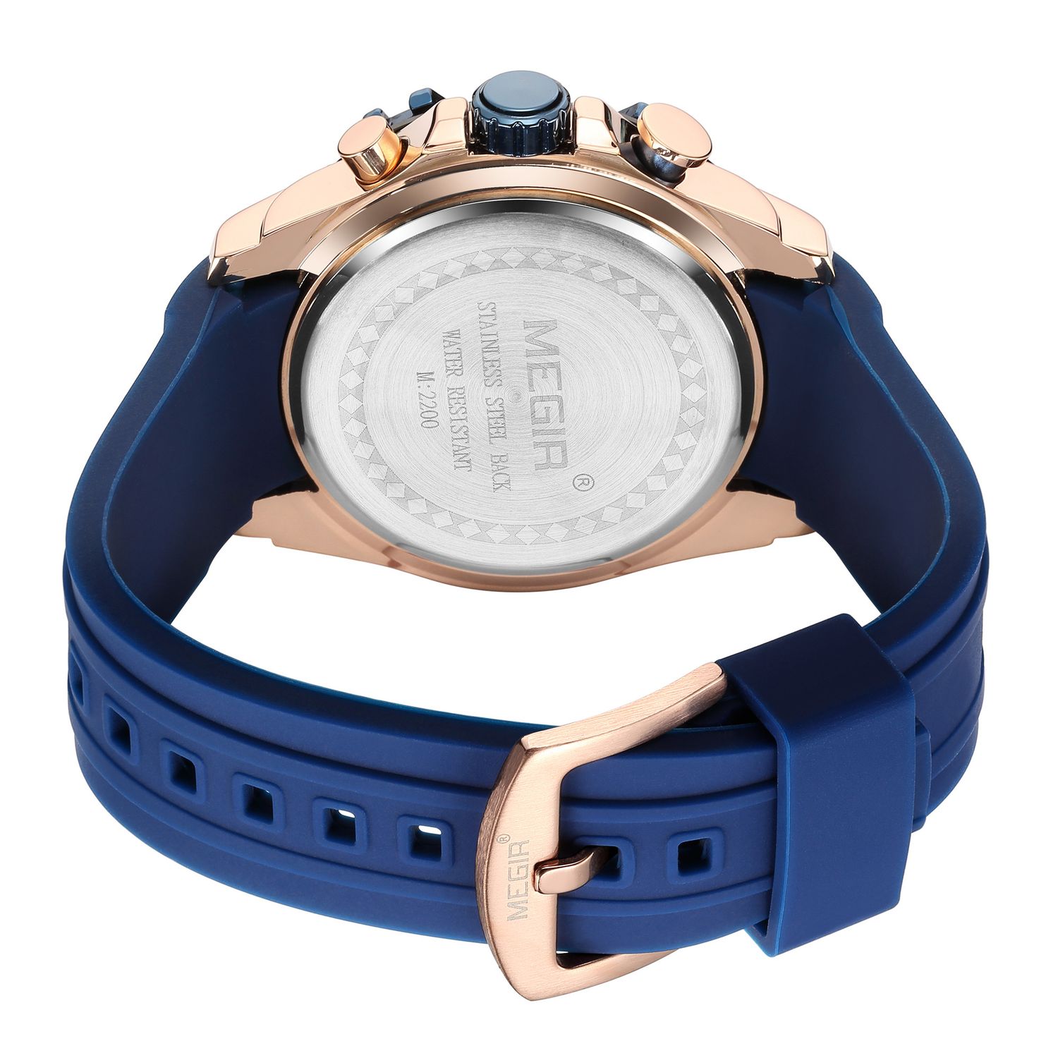 MEGIR 2200 men's chronograph watch caseback with engravings, blue silicone strap and rose-gold buckle