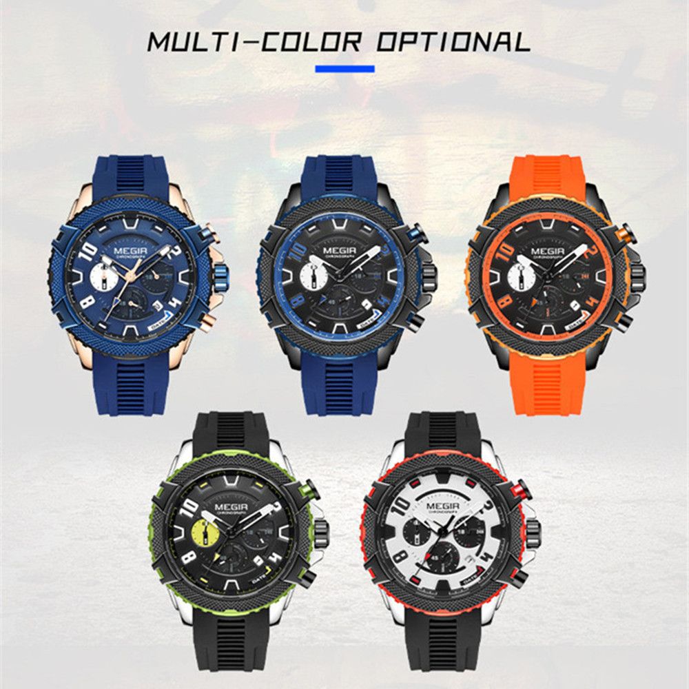 MEGIR 2200 men's chronograph watch color display showing rose-blue, black-blue, orange, green and red colorways