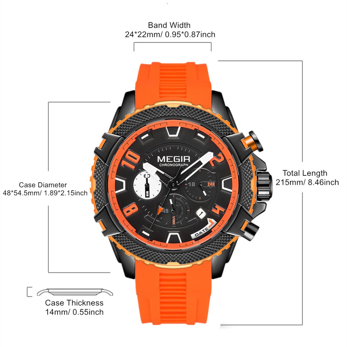 MEGIR 2200 men's chronograph watch parameters graphic with case diameter, band width and total length