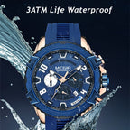 MEGIR 2200 men's chronograph watch water-resistance graphic, blue and rose-gold case with blue dial