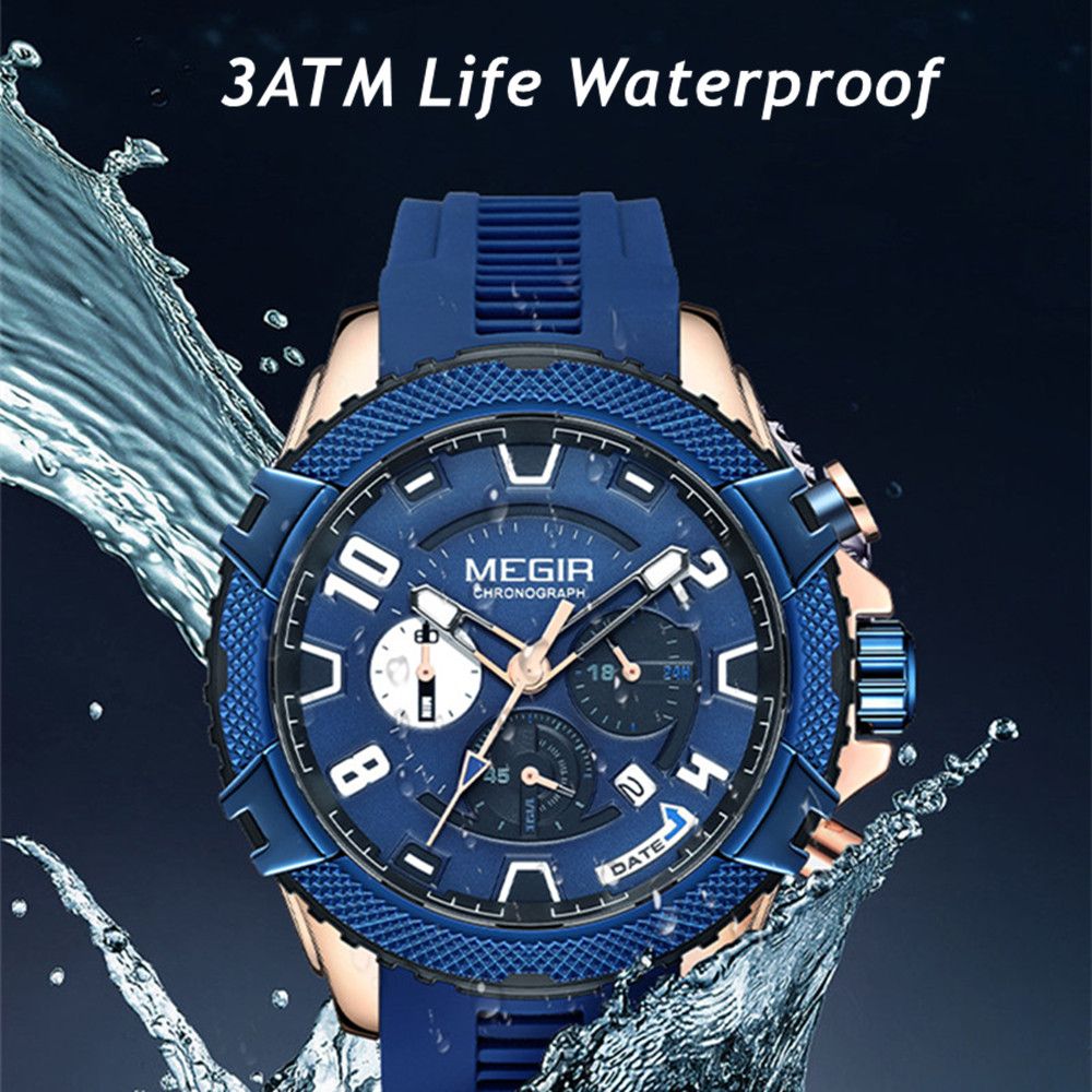 MEGIR 2200 men's chronograph watch water-resistance graphic, blue and rose-gold case with blue dial