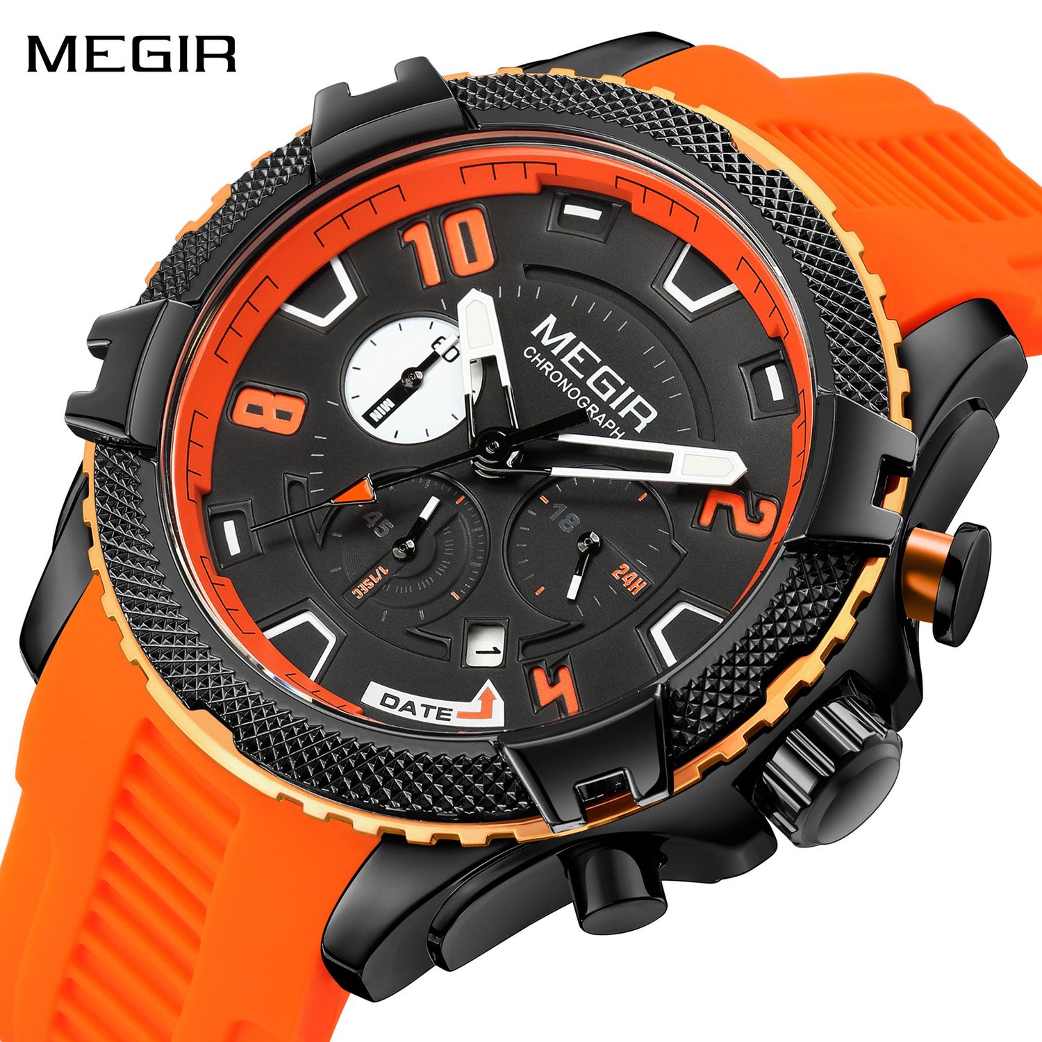 MEGIR 2200 men's chronograph watch, black case with orange bezel, black dial and orange silicone strap, front view